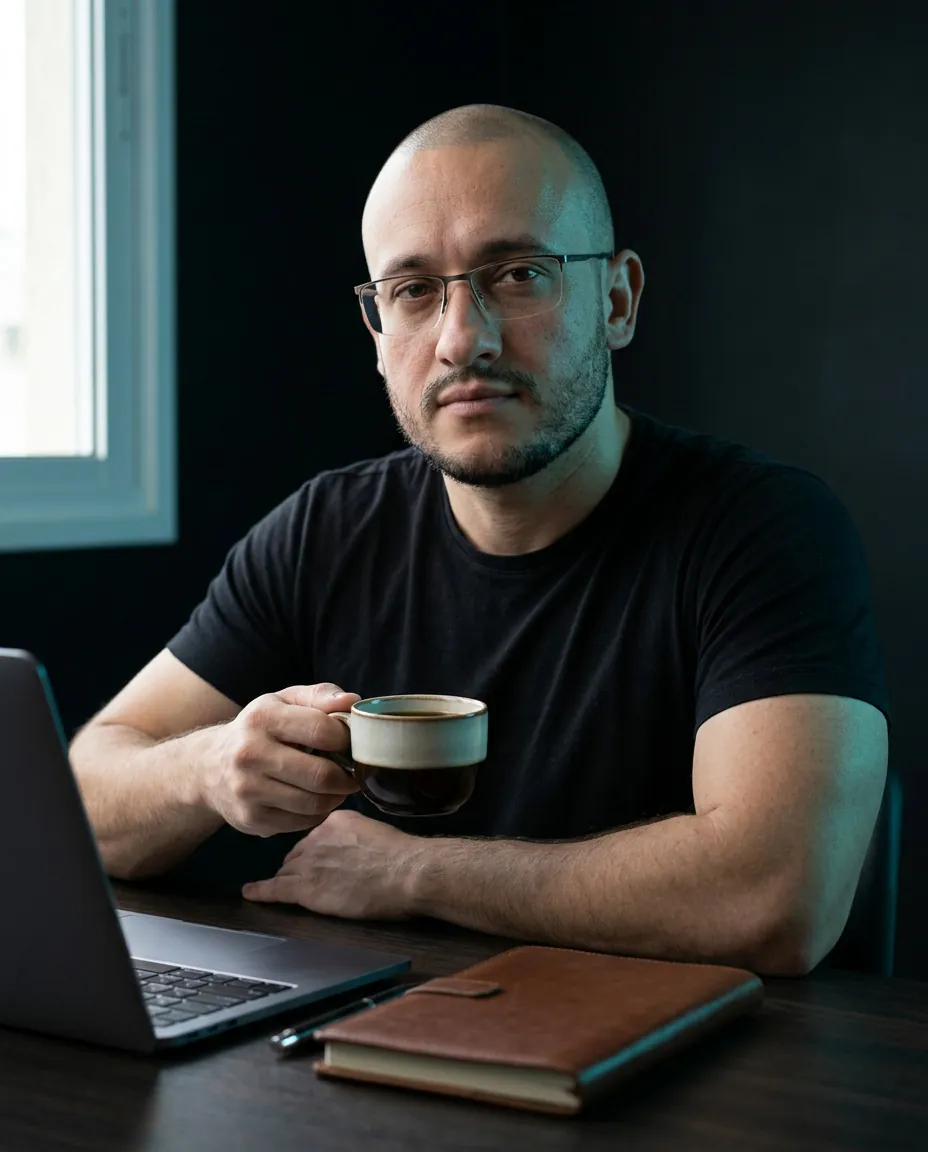 Cristiano Pereira sitting at a table, holding a cup of coffee, with a laptop and a leather notebook in front and a window in the background